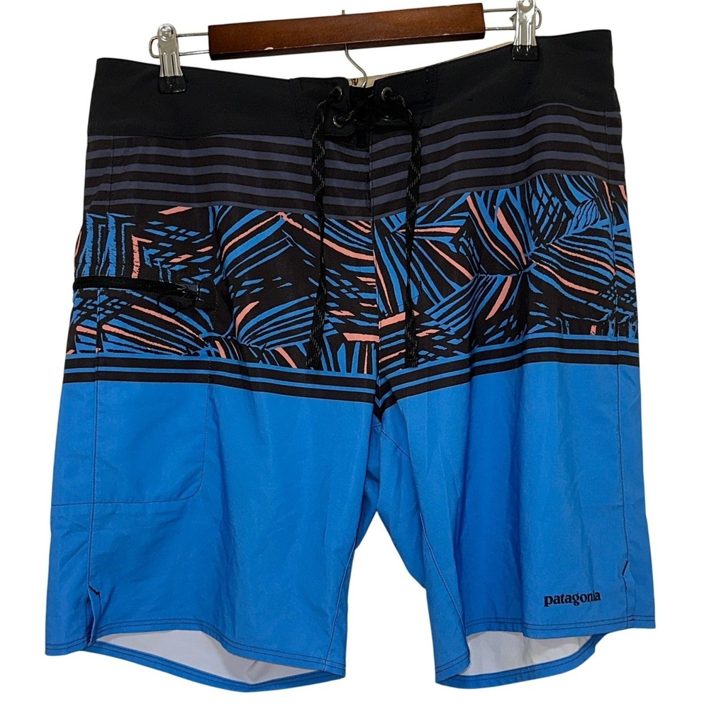Patagonia Board Shorts Mens 34 Blue‎ Black Tropical Palm Stripe Print